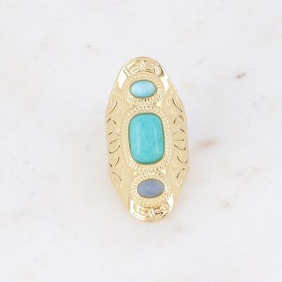 Anello - motivi floreali incisi e 3 pietre naturali