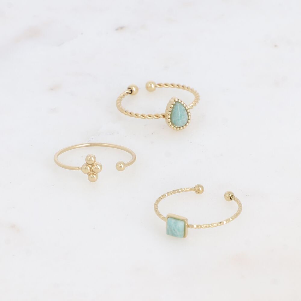 Set di 3 anelli - goccia, quadrato in pietra naturale, grani