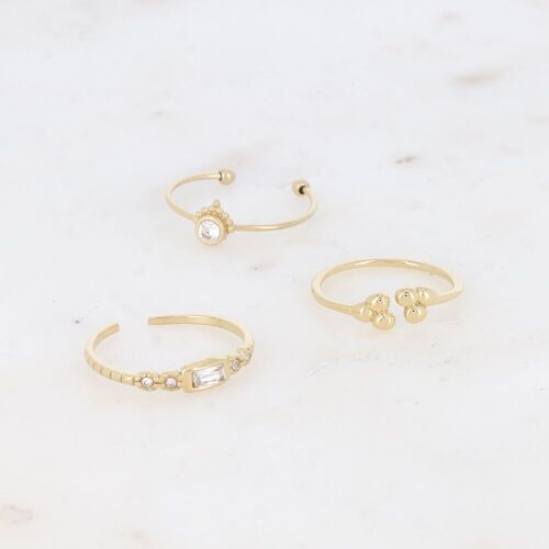 Set de 3 bagues fines - cristaux rond, rectangulaire et 3 grains