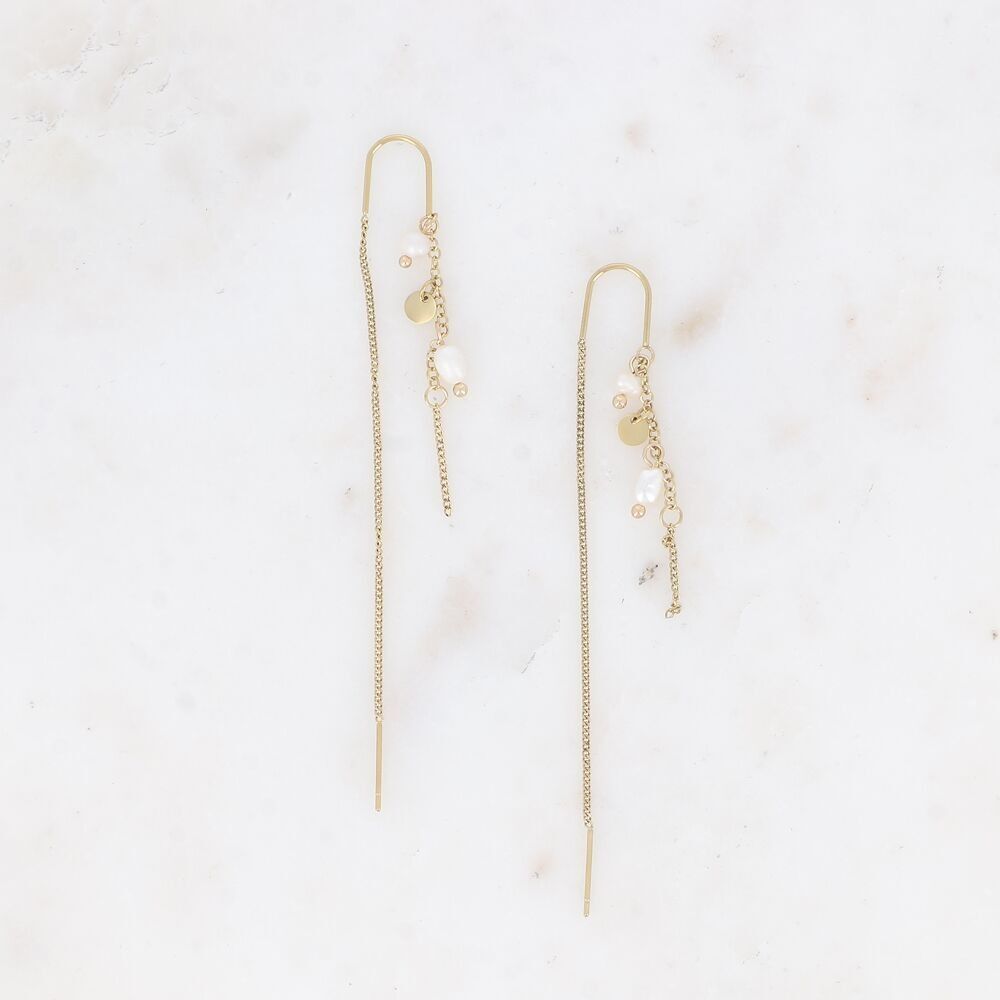 Dangle earrings - 2 chains, freshwater pearls and round tassel