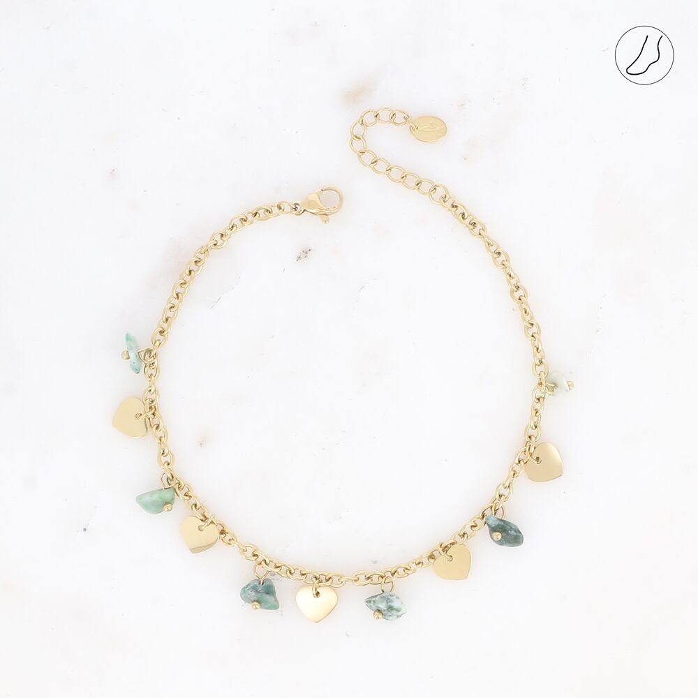 Cavigliera: nappine a cuore, catene pendenti e pietre naturali