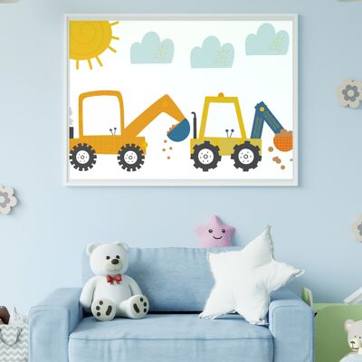 Building site nursery print: Diggers