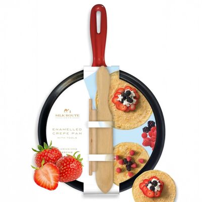Red Enamelled Cast Iron Crepe Tool by Silk Route Spice Company - High Quality Cast Iron Crepe Pan with Tools
