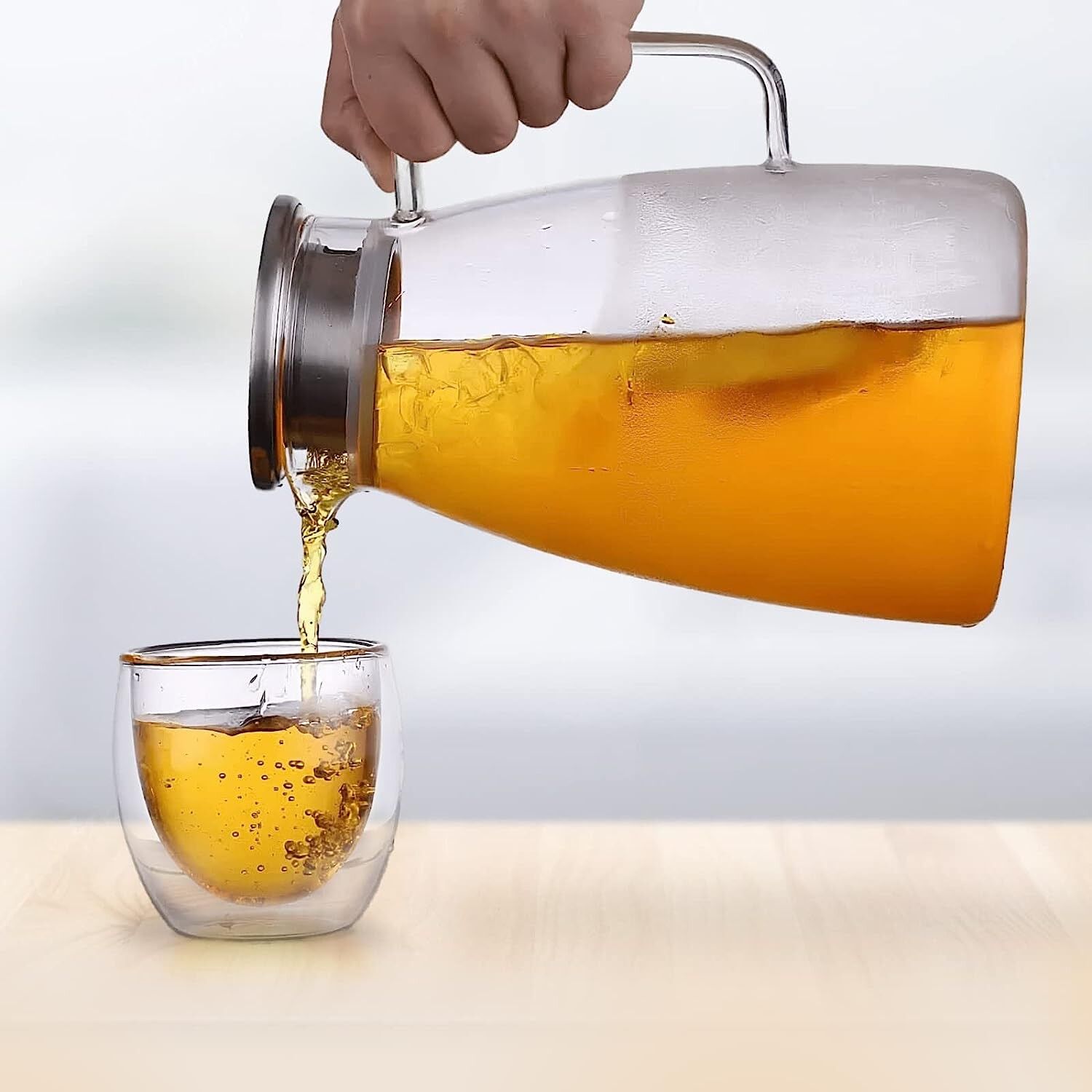 2L Glass Pitcher With Stainless Steel Lid by Silk Route Spice Company - Elegant Glass Pitcher with Stainless Steel Lid