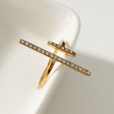 Anillo Dos Líneas En Strass Dorado