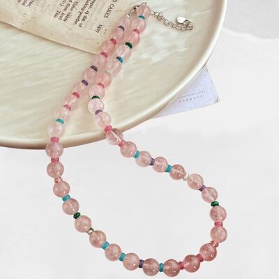 Collier de perles en cristal de quartz rose et dopamine