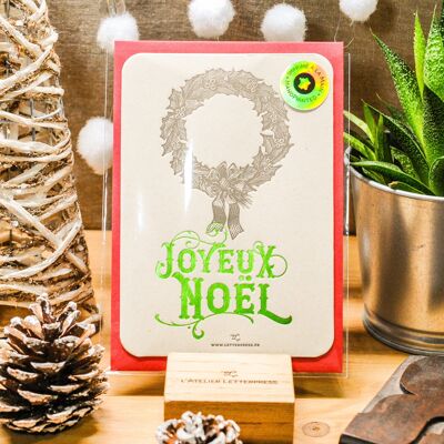 Letterpress Merry Christmas Garland Greeting Card, Green (with envelope), A6, Vintage, Thick Recycled Paper