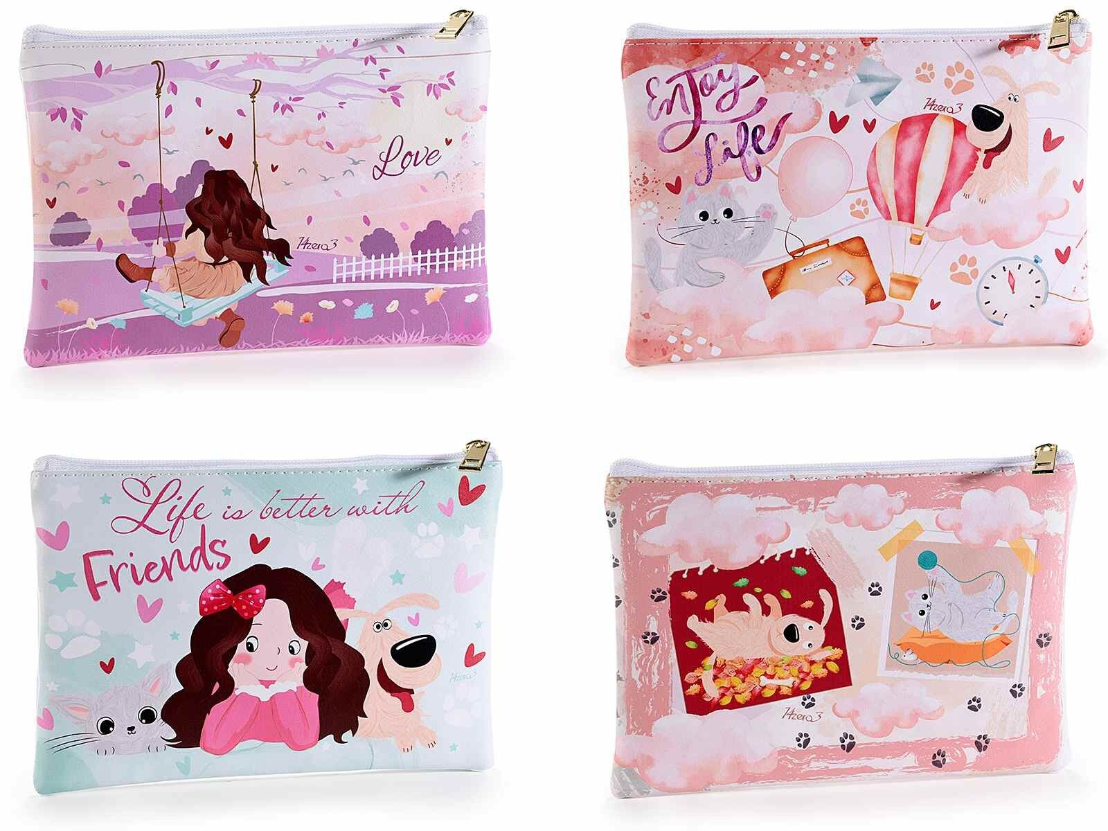 Pochette zippée/crayon en similicuir avec imprimé fille