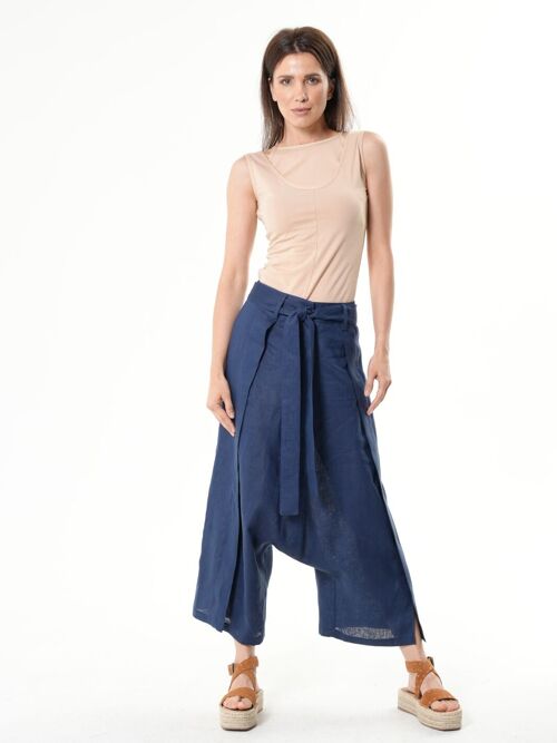 Linen Drop-Crotch Trousers In Blue