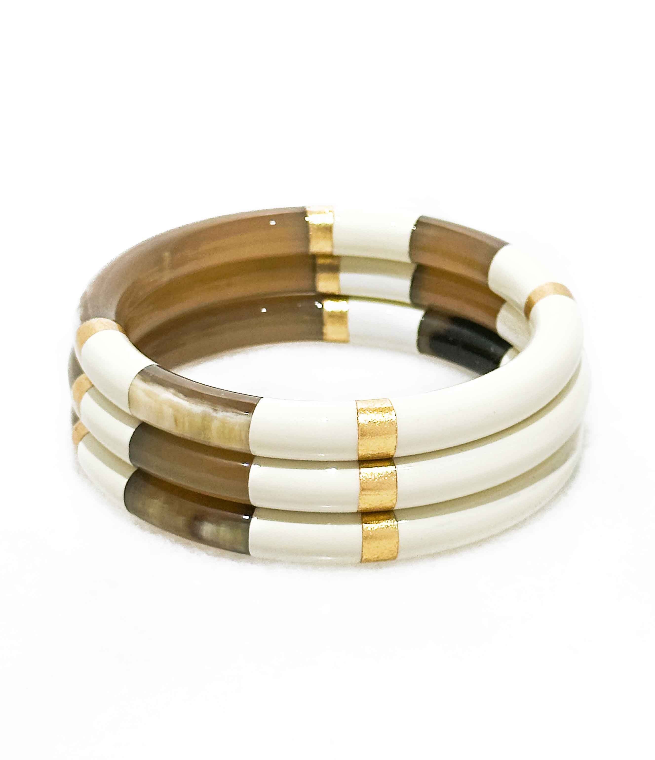 Bracciale rigido in corno spesso - Avorio - Foglie d'oro
