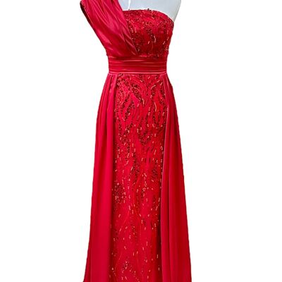 Red Beaded Long Evening Dress