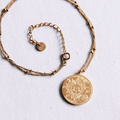 Cadena fina de acero inoxidable con bolas y dije de luna/sol – oro