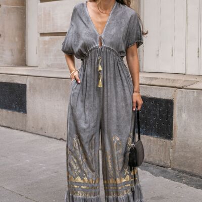 Flared jumpsuit with gold pattern