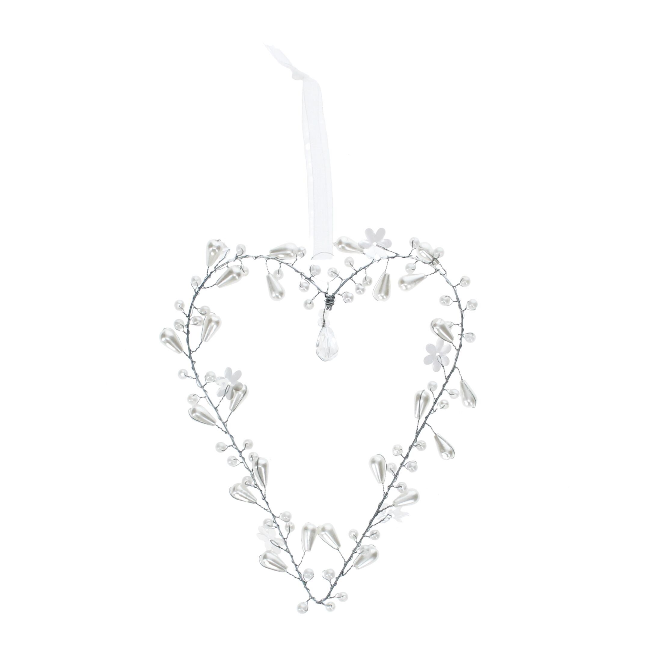 Handmade beaded heart decoration (9x12cm) - White