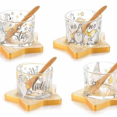 Set aperitivo natalizio con ciotola/coppetta in vetro con decori natalizi design Babbo Stella firmato 14zero3 su vassoio a stella in legno e cucchiaino