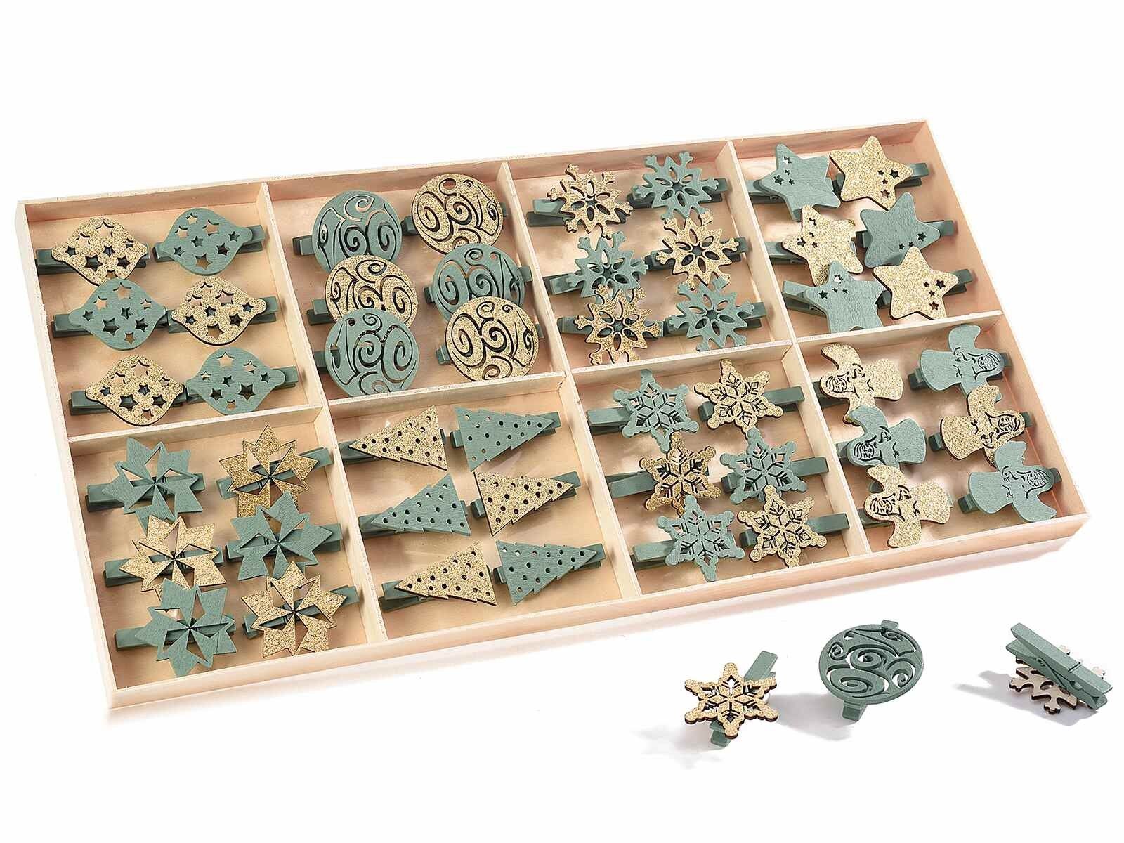 Pinces de Noël en bois coloré et paillettes dorées en présentoir de 48 pièces 14zero3