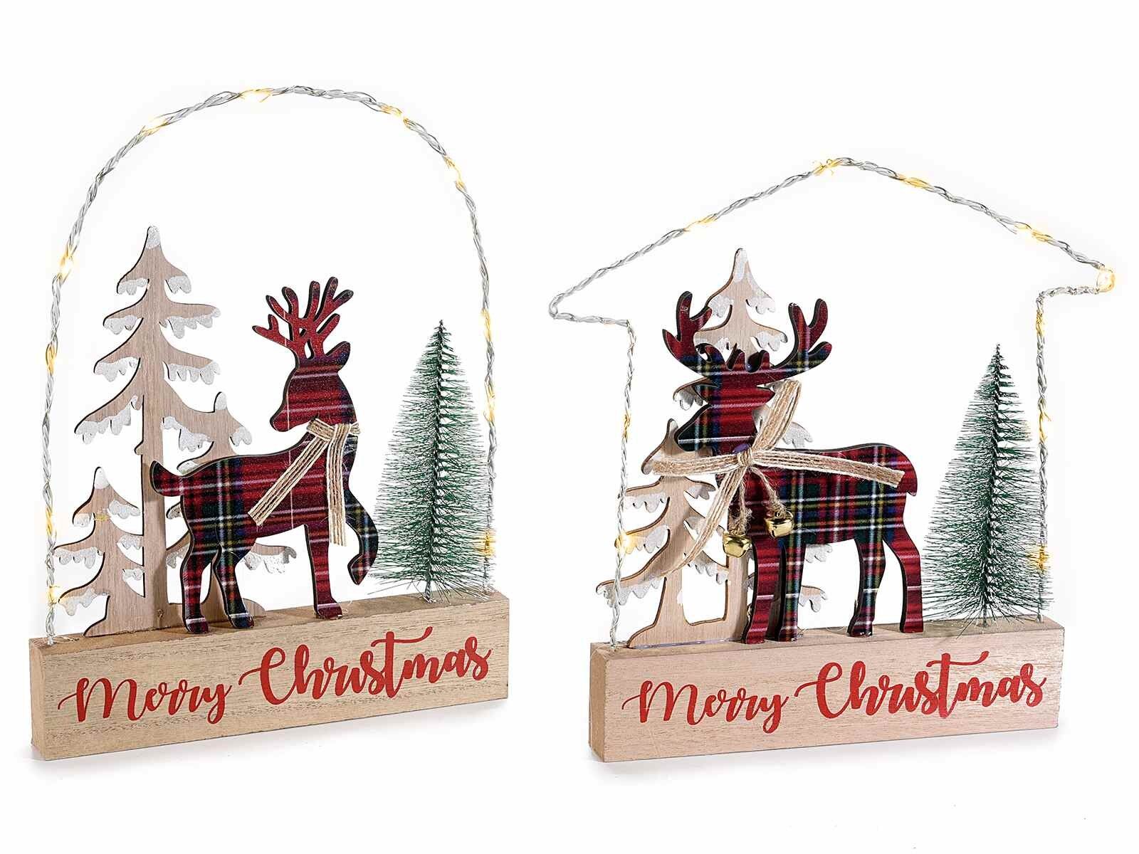 Wooden decorations with Christmas landscape and lights