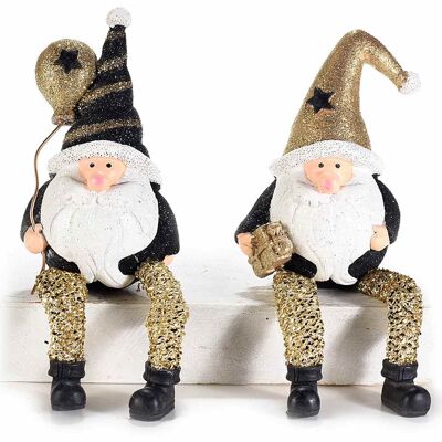 Père Noël décoratif en résine avec de longues jambes et des détails de paillettes dorées