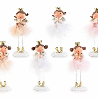 Anges décoratifs en résine avec jupe en plumes et couronne dorée