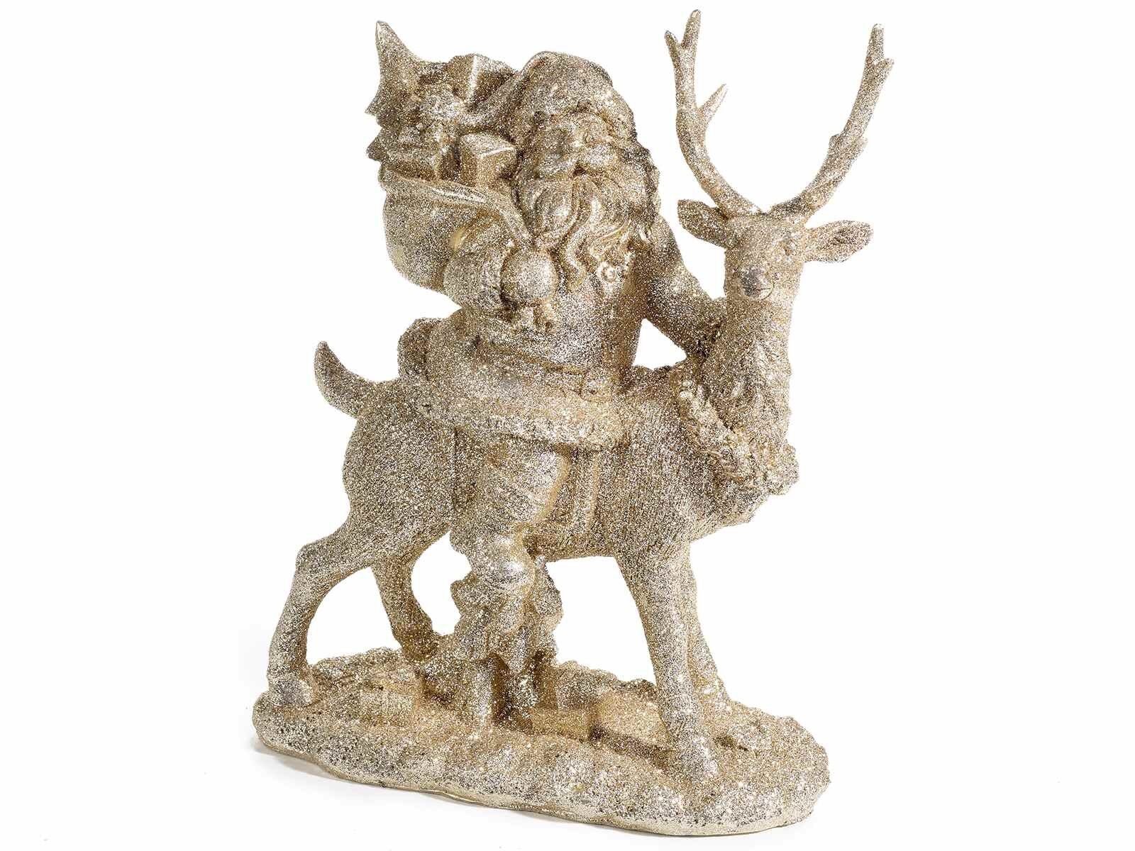 Weihnachtsmann auf Rentier aus goldglitzerndem Harz mit Geschenkverpackung