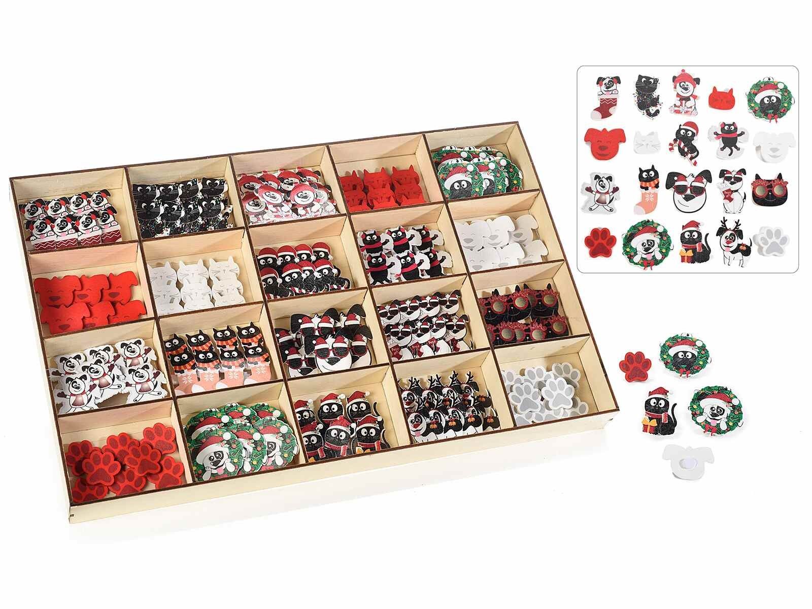 Decori natalizi adesivi in legno design cane e gatto firmato 14zero3 in espositore da 240 pezzi