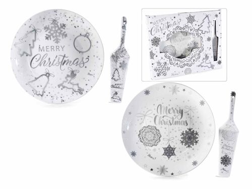 Piatti con paletta per torta in porcellana decorata in confezione regalo design 14zero3 "Silver"