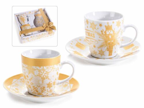 Tazzine da caffè natalizie con piattino in porcellana e decori dorati in confezione regalo design 14zero3