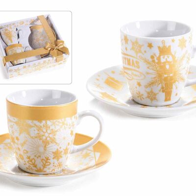 Tazzine da caffè natalizie con piattino in porcellana e decori dorati in confezione regalo design 14zero3