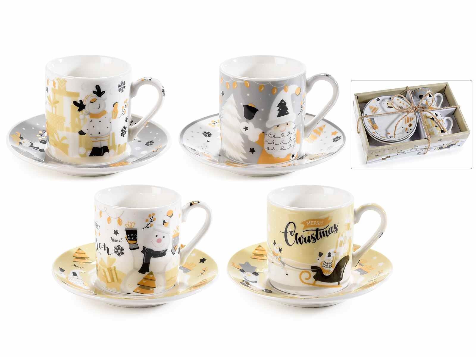 Scatola regalo natalizia con 2 tazzine e piattini in porcellana decori dorati design gnomi design 14zero3