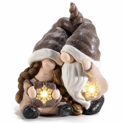Coppia di gnomi natalizi in magnesia con fiocco di neve luminoso con luce LED