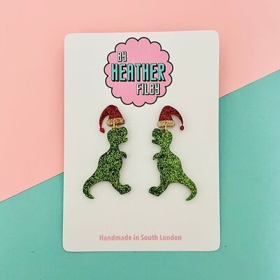 Christmas T-rex Dinosaur Santa Hat Glitter Earrings