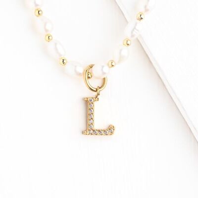 Collier Initiale L avec Chaîne Perlée en Perles d'Eau Douce