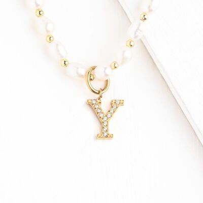 Collier Initiale Y avec Chaîne Perlée en Perles d'Eau Douce