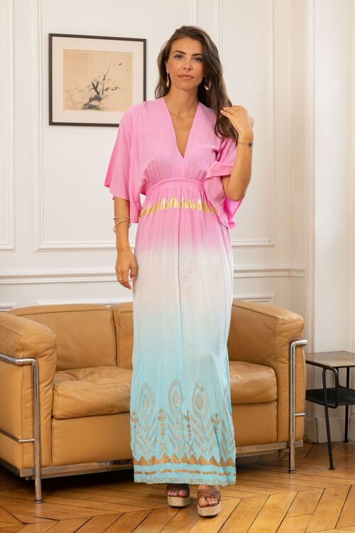 Maxi robe à imprimée dorure, décolleté avec un lien à nouer au dos