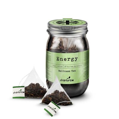 Bolsitas de té Energy Wellness en tarro de cristal de Charbrew: 16 bolsitas piramidales biodegradables en tarro de cristal reutilizable