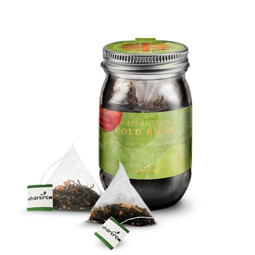 Watermelon Cold Brew Tea Bags Mason Jar by Charbrew - 16 Biodegradable Pyramid Bags in Reusable Glass Mason Jar