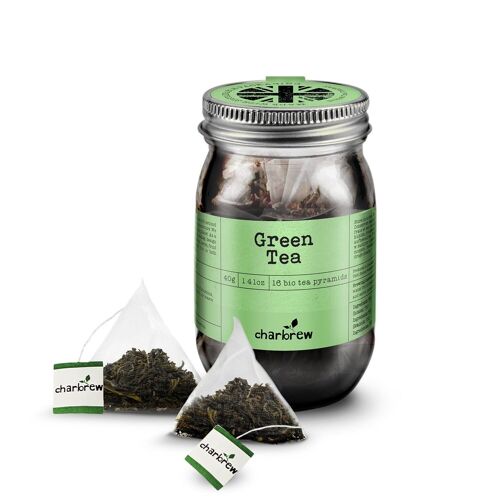 Green Tea Bags Mason Jar by Charbrew - 16 Biodegradable Pyramid Bags in Reusable Glass Mason Jar