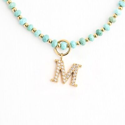 Collier Initiale M avec Chaîne en Perles Turquoise