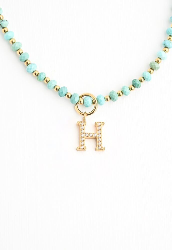 Initial Necklace H with Turquoise Beaded Chain