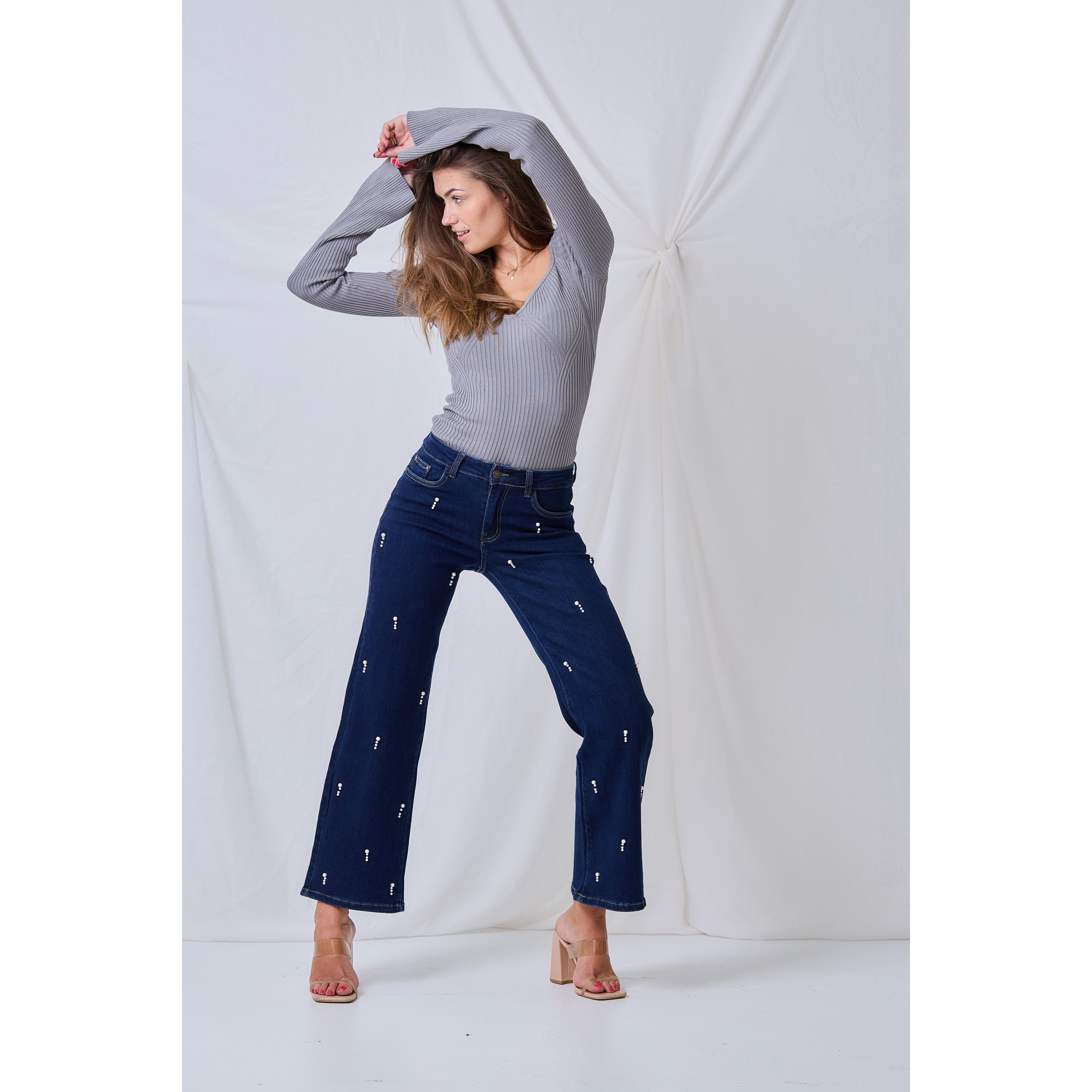 Achat Jeans femme wide leg a perles fantaisie ANA LUCY en gros