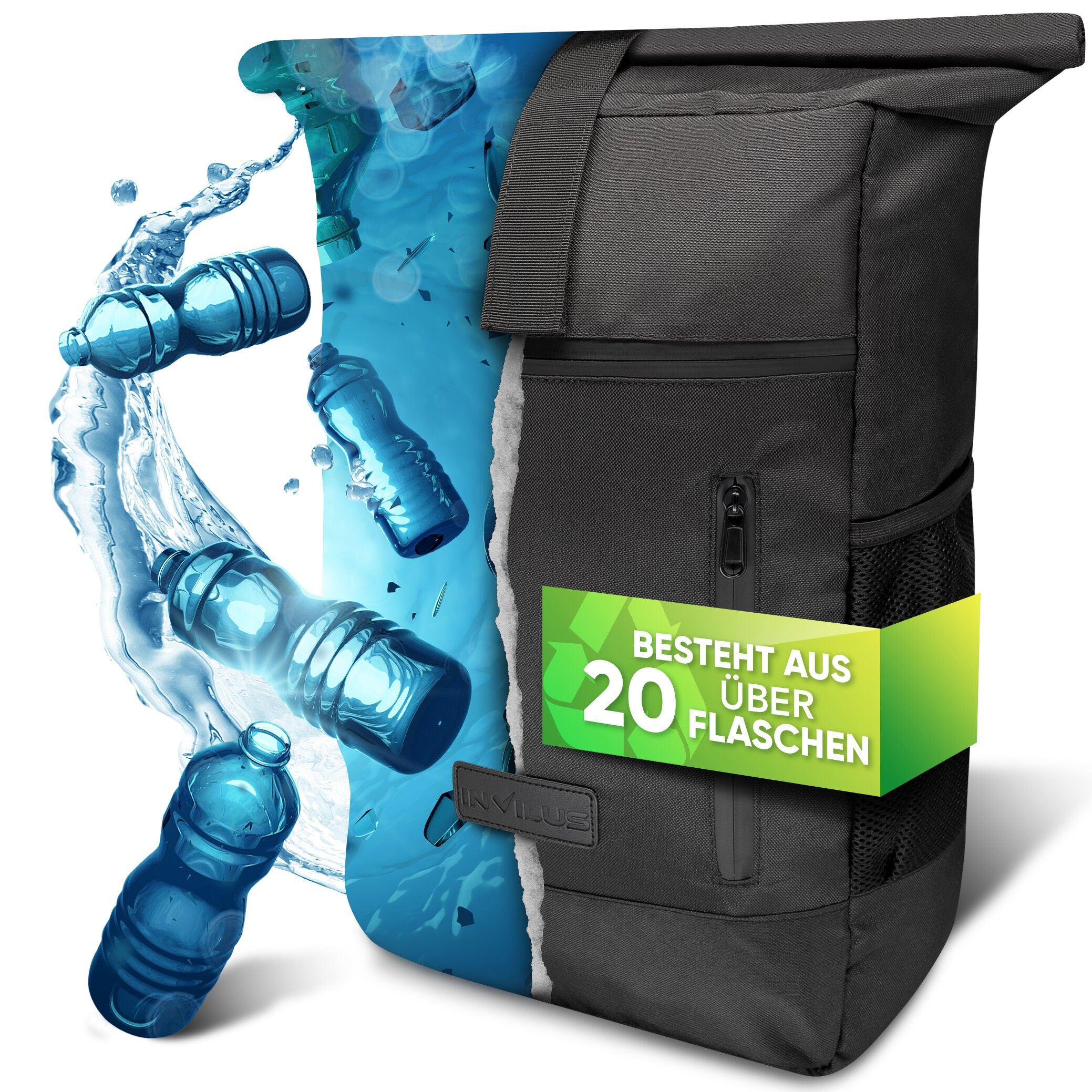 Zaino rolltop [da 18L a 22L] realizzato con bottiglie di plastica riciclate [nero]