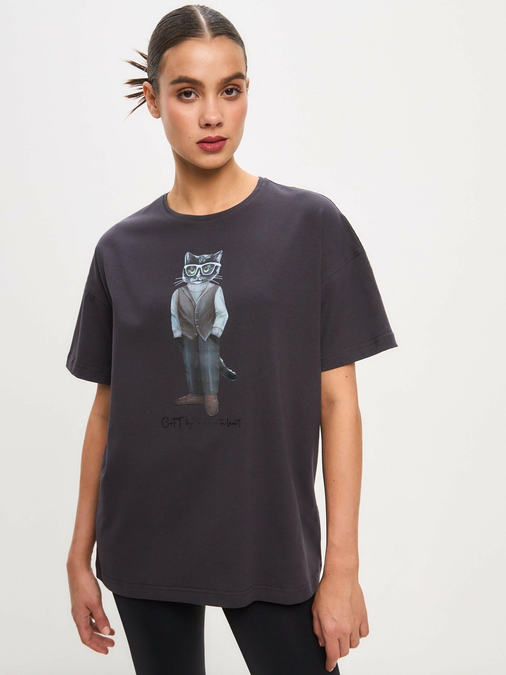T-shirt oversize stampata grigia MINIMALIST CAT