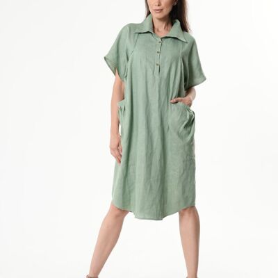 Vestido midi de lino con bolsillos laterales en verde claro