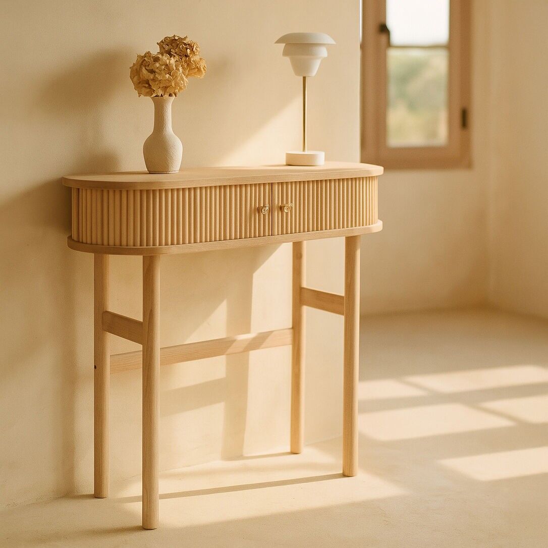 Konsolentisch aus Naturholz mit zwei Schiebetüren, 100 x 35 x 80 cm, HECTOR