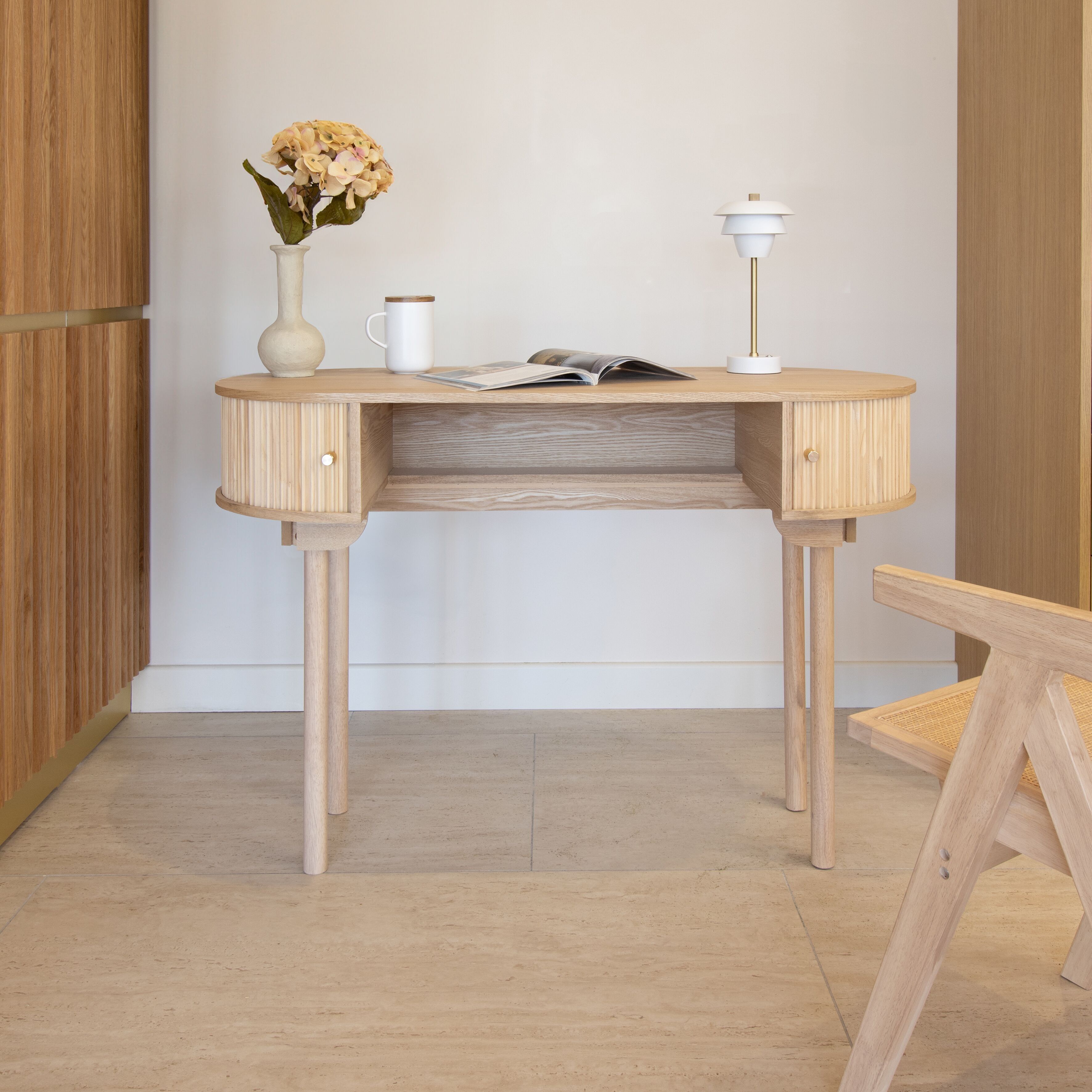 SCRIVANIA IN LEGNO NATURALE CON DUE ANTE SCORREVOLI 120X50X80CM HECTOR