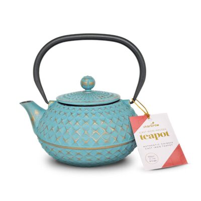 Blue Diamond Tetsubin Style Cast Iron Teapot by Charbrew - Cast Iron Teakettle 900ml with Stainless Steel Strainer