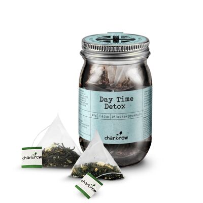 Daytime Tea Bags Mason Jar by Charbrew - 16 Biodegradable Pyramid Bags in Reusable Glass Mason Jar