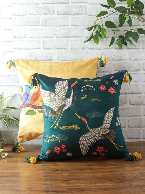 Indian Bird print reversible velvet cushion cover