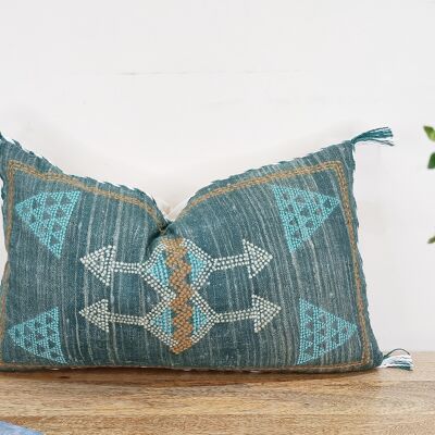Funda de cojín de lino inspirada en la seda marroquí de color verde azulado