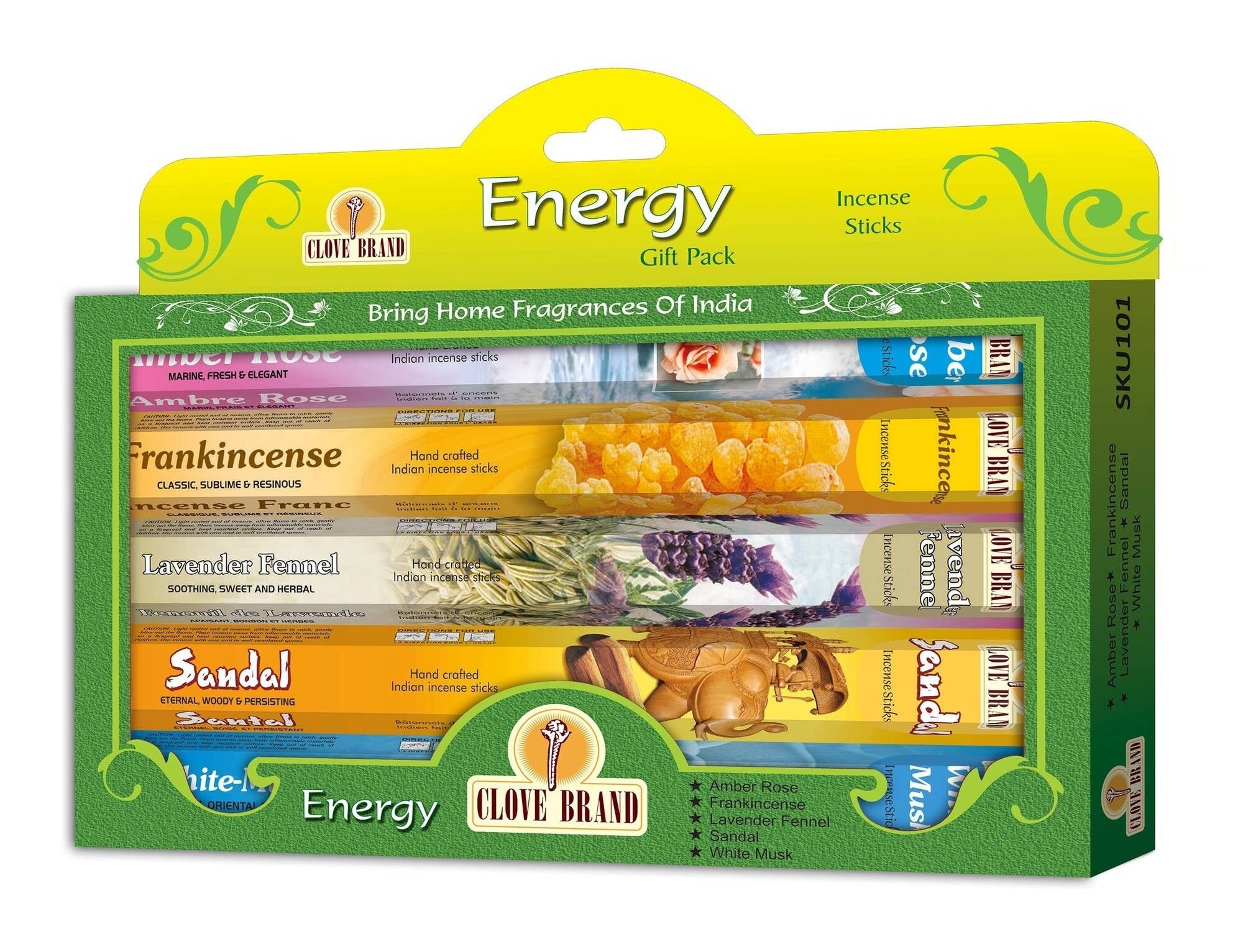 Confezione regalo di incenso del marchio Clove Energy 5 assortiti esagonali